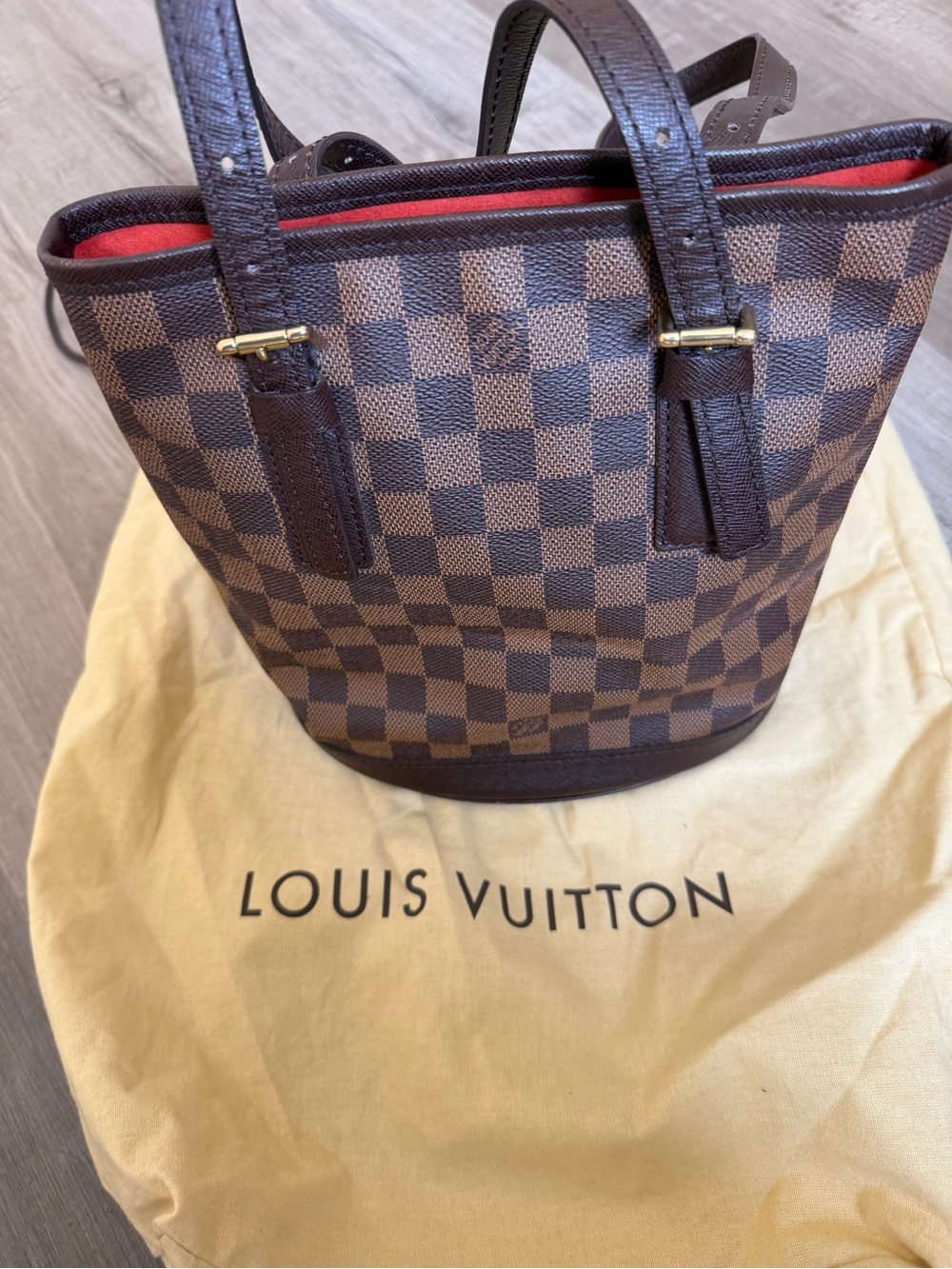Louis Vuitton Damier Ebene Small Tote with Red Interior